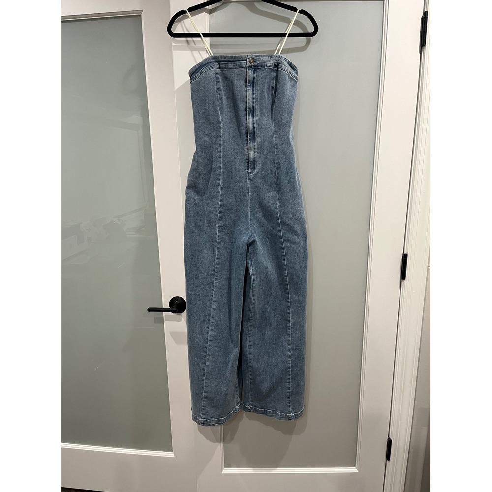 Denim Jumpsuit Women's Small‎ Blue Strapless Wide Leg Pockets